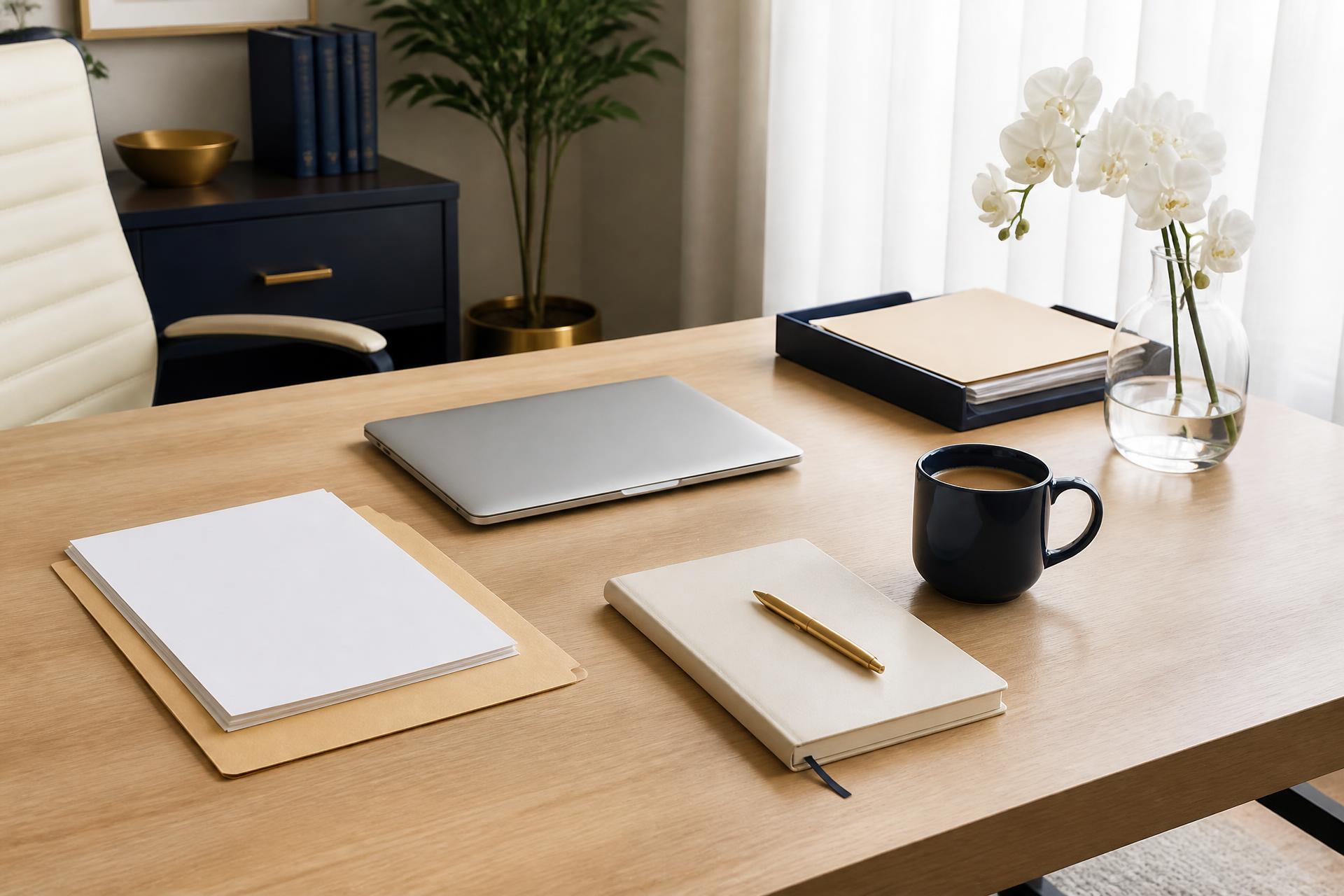 Organized professional desk with documents and laptop